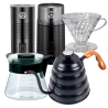 IKAPE Pour Over-vattenkokare med termometer 1,2 L Svart inkl. Hario 2-kopps Dripper, Server 0,45 L, Kaffekvarn & Mjölkskummare