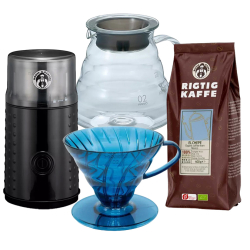 Hario Filterbryggningsset inkl. V60 Dripper Aizome Blå, Server 0,6 L, Kaffekvarn & 400 g Rigtig Kaffe