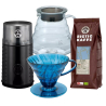Hario Filterbryggningsset inkl. V60 Dripper Aizome Blå, Server 0,6 L, Kaffekvarn & 400 g Rigtig Kaffe